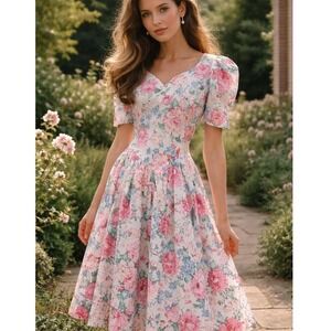 Vintage Handmade 1980s Laura Ashley Fabric Floral Cotton Midi Dress Cottagecore